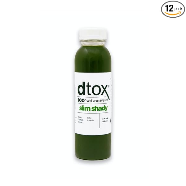 Dtox Juice – Slim Shady Green Juice Box (12-Pack 12 oz bottles) | Cold-Pressed Celery Spinach &amp Ginger | No Added Sugar 30 Calories Per Serving