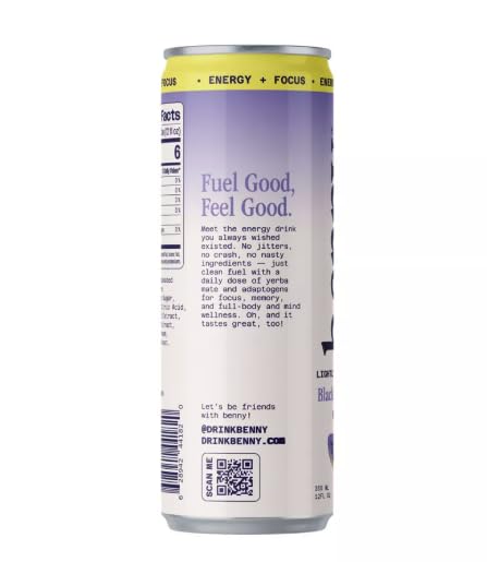 Benny Blackberry Yuzu Lightly Sparkling Energy Drink Refreshing Citrus Berry Flavor Clean Energy with Natural Caffeine Low Sugar 12 fl oz Can