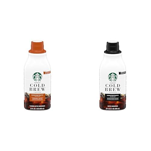 Bundle of Starbucks Cold Brew Coffee Concentrate Caramel Dolce + Signature Black 100% Arabica Multi-Serve Bottle (32 Fl Oz)