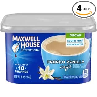 Maxwell House International Decaf &amp Sugar Free French Vanilla Café Style Instant Coffee 4 oz Canister (Pack of 4) (Full package)