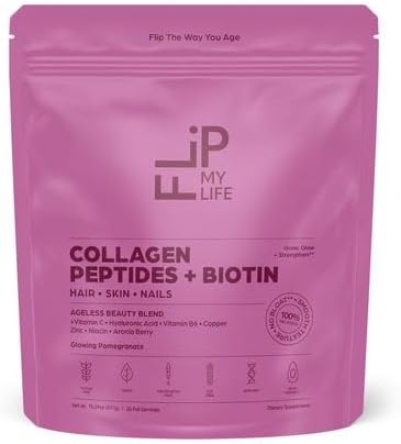 Flip My Life Collagen Peptides + Biotin Hyaluronic Acid &amp Vitamin C - For Hair Skin Nails - Gut Health/Joint Support - Ageless Beauty Blend Supplement Powder for Men/Women - 9g Protein—26 Servi