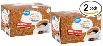 Great Value 100% Arabica Creamy Hazelnut Coffee Pods Medium Roast 12 Count- 0.34 oz each (Pack of 2)