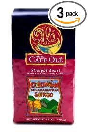 HEB Cafe Ole Whole Bean Coffee 12oz Bag (Pack of 3) (Colombia Bucaramanga Supremo - Medium Dark Roast (Full City))