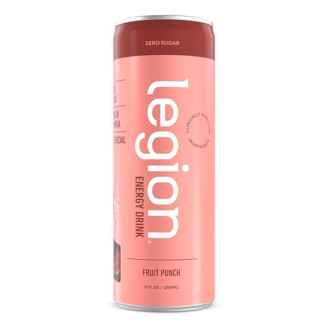 Legion Energy Drink - Naturally Sweetened and Flavored Healthy Energy Drinks - Sugar Free Energy Drinks w/Natural Caffeine Theanine Taurine Citicoline and B Complex Vitamins (12 Pack) Fruit Punch