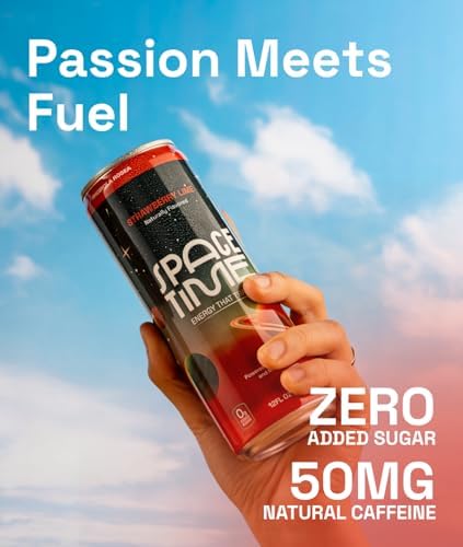 SpaceTime Productivity &amp Focus Energy Drink – Real Juice Infused Nootropic Drink with 50mg Organic Caffeine L-Theanine Rhodiola &amp B Vitamins – Clean Low-Caffeine Brain Boost – Strawberry Li