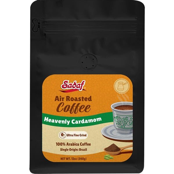 Sadaf Air Roasted Coffee with Cardamom – Ground Heavenly Cardamom Coffee - Ultra Fine Grind 100% Arabica Beans – Smooth Aromatic &amp Spiced Flavor – 12 oz Resealable Bag