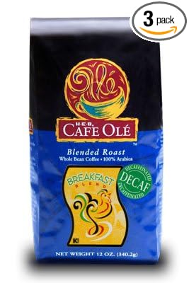 HEB Cafe Ole Whole Bean Coffee 12oz Bag (Pack of 3) (Decaf Breakfast Blend - Medium Dark Roast (Full City))
