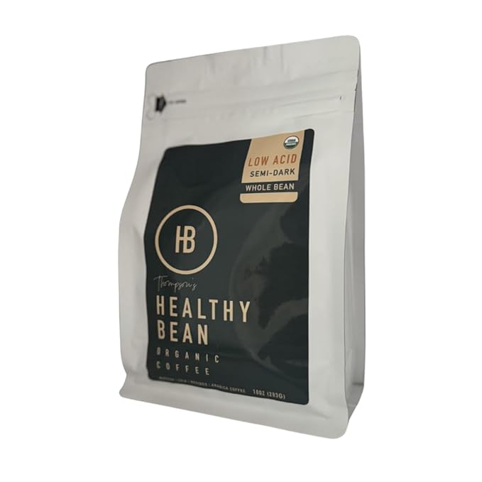 Healthy Bean Organic Low Acid Coffee Beans - USDA Organic Mold-Free Superfood Infused Clean and Healthy - Low Acid for Sensitive Stomachs - Semi-Dark Roast Coffee Beans 10oz (1-Pack)