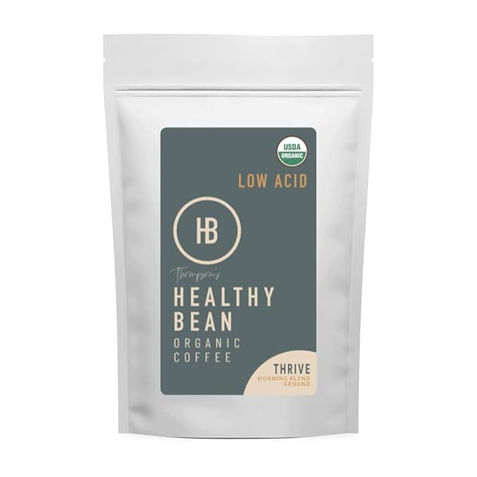 Healthy Bean Organic Ground Coffee Thrive Morning Blend - Low Acid Coffee Grounds for Sensitive Stomach - Medium Roast Blend USDA Organic High Antioxidants Smooth and Rich Flavor 11oz