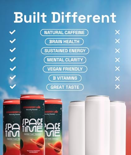 SpaceTime Productivity &amp Focus Energy Drink – Real Juice Infused Nootropic Drink with 50mg Organic Caffeine L-Theanine Rhodiola &amp B Vitamins – Clean Low-Caffeine Brain Boost – Strawberry Li