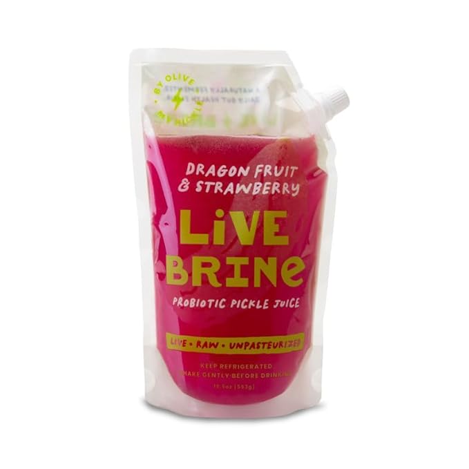 Olive My Pickle Probiotic Pickle Juice - 19.5 Ounces | 1 Pack of LiveBrine Dragon Fruit &amp Strawberry Pickle Juice with Natural Probiotics and Digestive Enzymes for Gut Health - 13 Pickle Shots