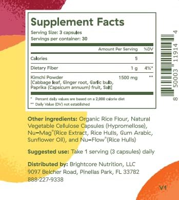Brightcore Nutrition - Kimchi One Kimchi Powder Capsules Probiotics Enzymes &amp Antioxidant Supplement Premium Gut Health Superfood for Overall Well Being Gluten-Free 90 Vegan Capsules