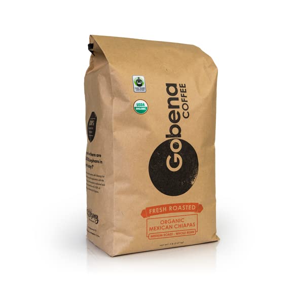 Gobena Coffee 5lb Fair Trade Organic Certified Mexican Chiapas Whole Bean Medium Roast 100% Arabica Specialty Coffee 80 ounces 5 pounds Bulk