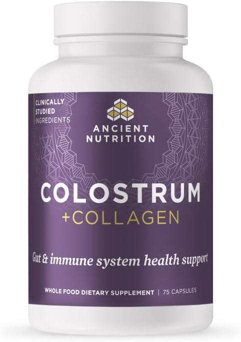 Ancient Nutrition Colostrum Superfood + Collagen Grass Fed Bovine Colostrum Fermented Eggshell Membrane Collagen Supports Healthy Gut Microbiome and Immune System 75 Count