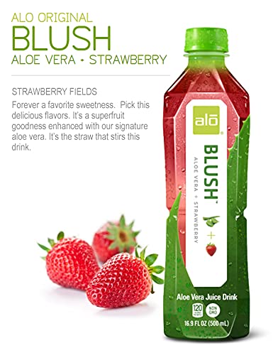 ALO Aloe Vera Juice Drink | BLUSH - Aloe Vera + Strawberry | 16.9 fl oz Pack of 12 | Plant-Based Drink with Real Aloe Pulp