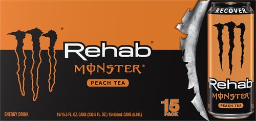 Monster Rehab Peach Tea + Energy Energy Drink 15.5 Ounce | Energy Iced Tea Pack of 15