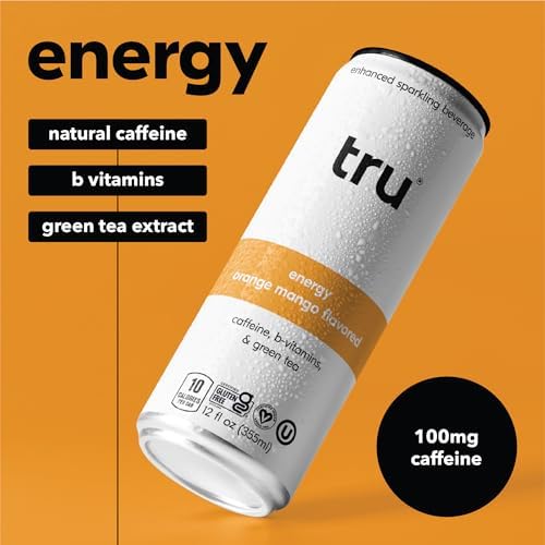 Tru Energy Seltzer Sparkling Water with Natural Caffeine Orange Mango Juice Green Tea Extract &amp B Vitamins Lightly Carbonated Energy Drink Gluten Free Vegan Low Calorie 12 FL OZ Cans 12 P