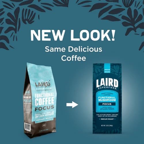 Laird Superfood Focus Coffee Medium Roast Ground Coffee Infused with Functional Mushrooms and Botanical Adaptogens 12 oz. Bag (Pack of 2)