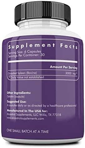 Ancestral Supplements Grass Fed Beef Spleen Supplement 3000mg Beef Organ Spleen Support Formula Promotes Digestive Immune Iron Energy and Allergy Health Non GMO 180 Capsules