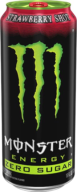 Monster Energy Zero Sugar Strawberry Shot Green Original Sugar Free Energy Drink 16 Ounce (Pack of 15)