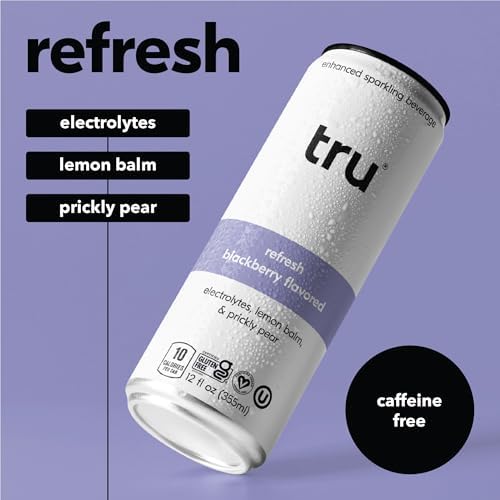 Tru Refresh Seltzer Sparkling Water with Electrolytes Prickly Pear Lemon Balm &amp Real Blackberry Juice Sweetened with Monk Fruit &amp Stevia Gluten Free Vegan Caffeine Free 12 FL OZ Cans