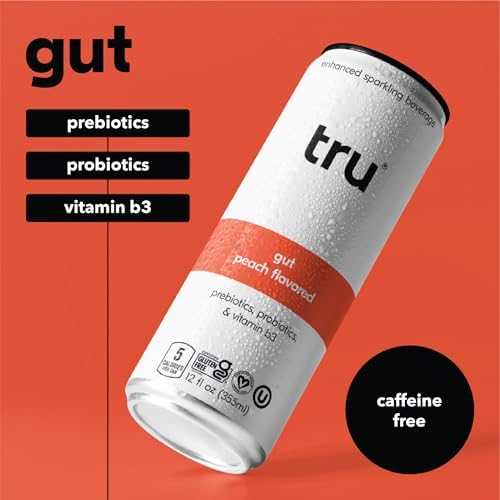 Tru Gut Seltzer Sparkling Water with Prebiotics Probiotics &amp Vitamin B3 Peach Juice &amp Natural Flavor Lightly Carbonated Gluten Free Vegan Caffeine Free Low Calorie 12 FL OZ Cans 12 P