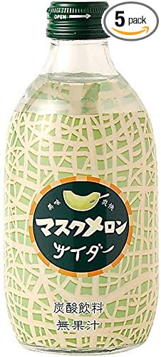 Tomomasu Japanese Soda Melon Cider in Glass 10 fl oz (300mL) (Pack of 5) - Product of Japan.