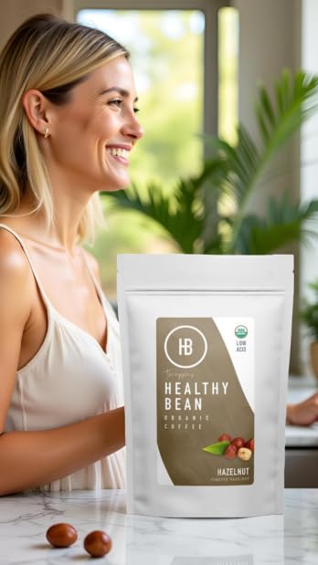 Healthy Bean Organic Ground Coffee Hazelnut Infused - Low Acid Coffee for Sensitive Stomachs - Medium Roast Blend USDA Organic Smooth and Creamy Roasted Hazelnuts Flavor 11oz