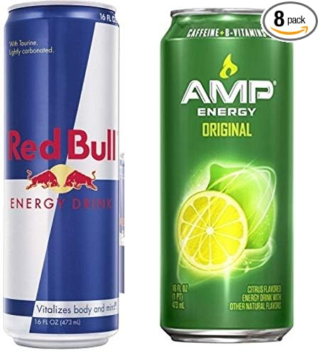 Amp Energy Drink Original and Red Bull Energy Drink Original Combo Pack 16fl.oz. (Pack of 8)
