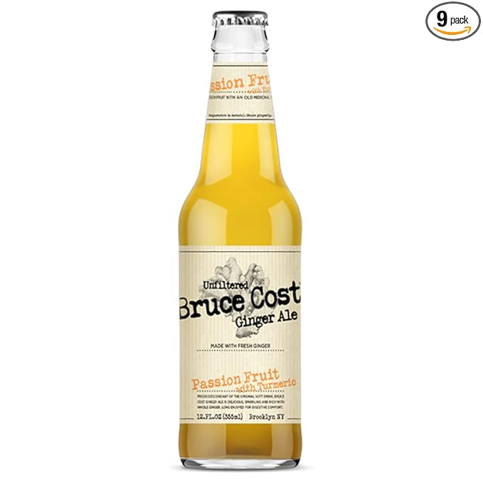 Bruce Cost - Unfiltered Ginger Ale - Passion Fruit with Turmeric - 12 oz (9 Glass Bottles)
