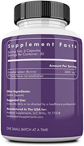 Ancestral Supplements Grass Fed Beef Spleen Supplement 3000mg Beef Organ Spleen Support Formula Promotes Digestive Immune Iron Energy and Allergy Health Non GMO 180 Capsules (Pack of 2)