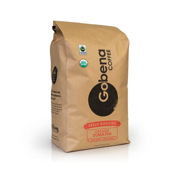 Gobena Coffee 5lb Fair Trade Organic Certified Sumatra Whole Bean Dark Roast 100% Arabica Specialty Coffee 80 ounces 5 pounds Bulk