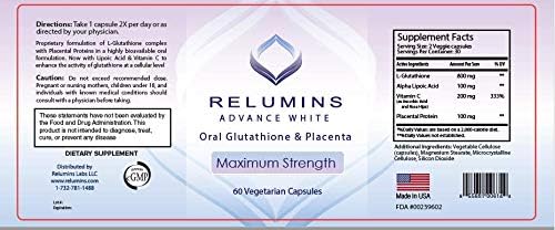 Relumins Advanced White Glutathione Capsules - Max Strength Brightening Supplement with ALA Placenta Rose HIPS &amp Vitamin C - Fights Oxidative Stress Supports Collagen &amp Made in USA - 10 Bot