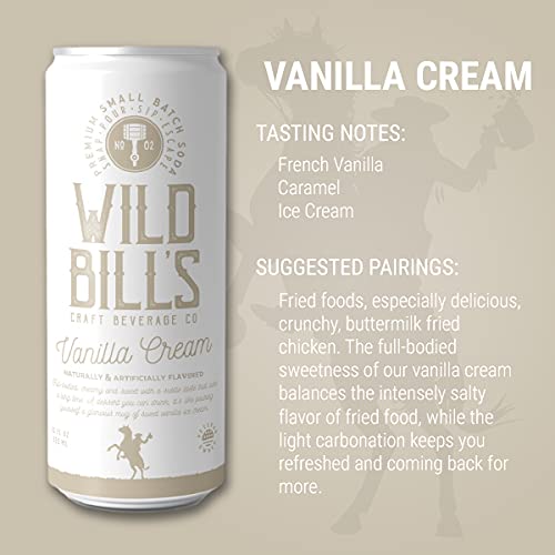Wild Bill's Vanilla Cream Soda Classic Craft Soda Pop Soft Drinks Sodas Made with Pure Cane Sugar Caffeine Free NO High Fructose Corn Syrup Gluten Free Vegan Low Sodium 12 Oz 12 Pack