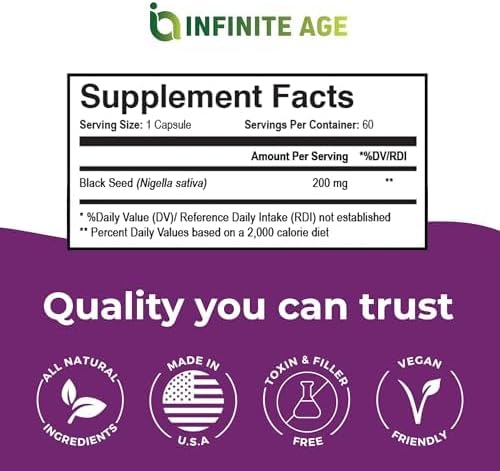 Infinite Age Dry Organic Black Seed Oil Extract Capsules 60 Count - Nigella Sativa Immune Booster for Optimal Skin Hair Memory Focus Brain Health and Immunity - Thymoquinone Supplement