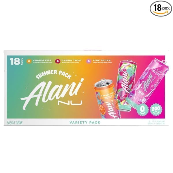 Alani! Energy Drink Summer Splash 18 Cans Per Case Variety Pack 3 Flavors 6 Cans Per Flavor 12 FL Oz Per Can | Orange Kiss Cherry Twist Pink Slush
