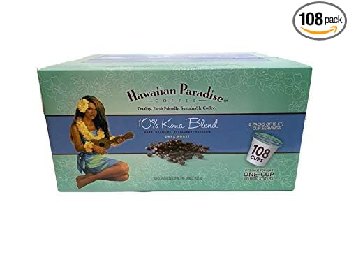 Hawaiian Paradise Coffee 10% Kona Roast Single Serve Cups 108 Count Loose Cups - Dark Roast - Compatible with Keurig K-Cup Brewers