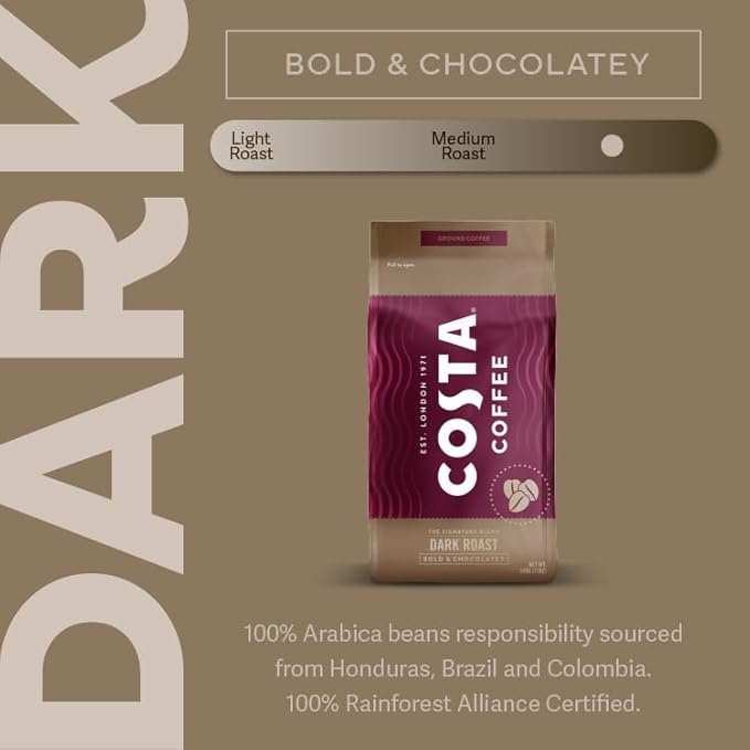 Costa Coffee Whole Bean Coffee Signature Blend Dark Roast 12oz each Rainforest Alliance Certified (Pack of 4)