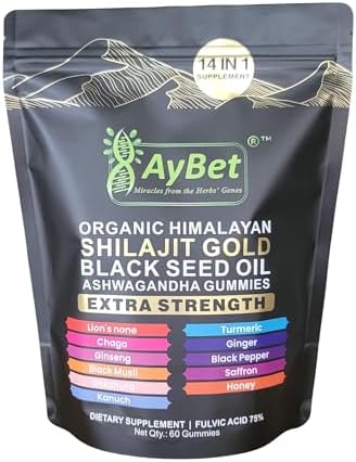 Organic Himalayan Shilajit Gold Gummies for Men and Women Black Seed Oil Ashwagandha Ginseng Turmeric Gokshura Lion's None Lab Tested%75 Fulvic Acid No Sugar Added Halal 60Gummy
