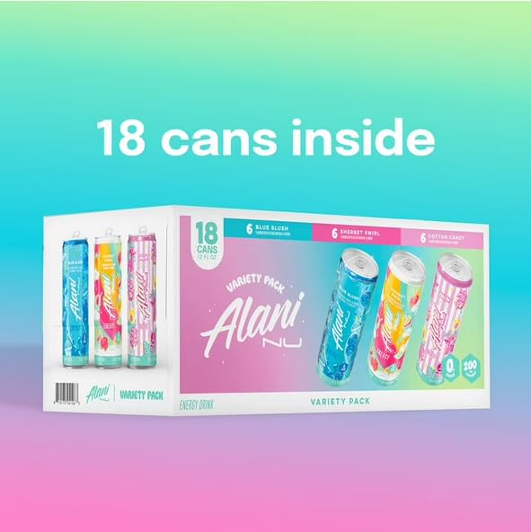 Alani. Nu Energy Drink Slush Variety Pack| (Pack Of 18) | 3 Different Flavors : Blue Slush Sherbet Swirl and Cotton Candy -12 fl. oz