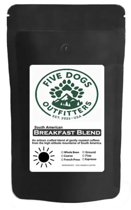 Five Dogs Outfitters Breakfast Blend Coffee Light Roast Medium Ground 12 Oz