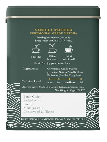 Luxmi Estates Vanilla Matcha with Priobiotics (50 g) Organic Matcha Tea Rich in Antioxidants Tea for Relaxing