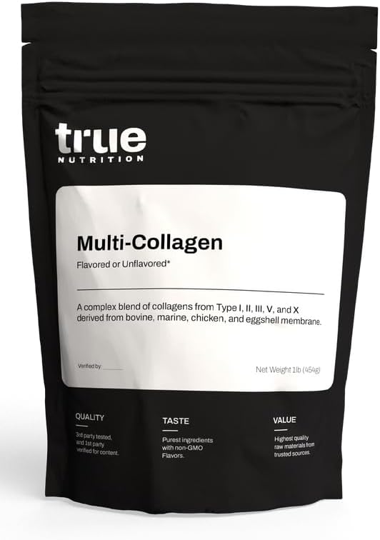 True Nutrition Multi-Collagen Powder - Types I II III V &amp X Collagen Peptides - Bovine Marine Chicken &amp Eggshell Sources - Paleo Gluten Free - Unflavored - 1lb