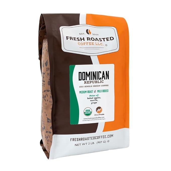 Fresh Roasted Coffee Organic Dominican Republic | USDA Organic Direct Trade Kosher | Medium Roast 2 lb (32 oz) Whole Bean
