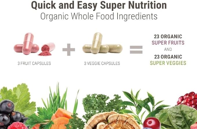 Juce Original Formula - Organic Super Fruit &amp Veggies Supplement - Gluten/Gelatin Free Soy Free &amp Vegan- Reds &amp Greens Superfood Capsules- 23 Fruits &amp 23 Vegetables (180 Count)- By Te