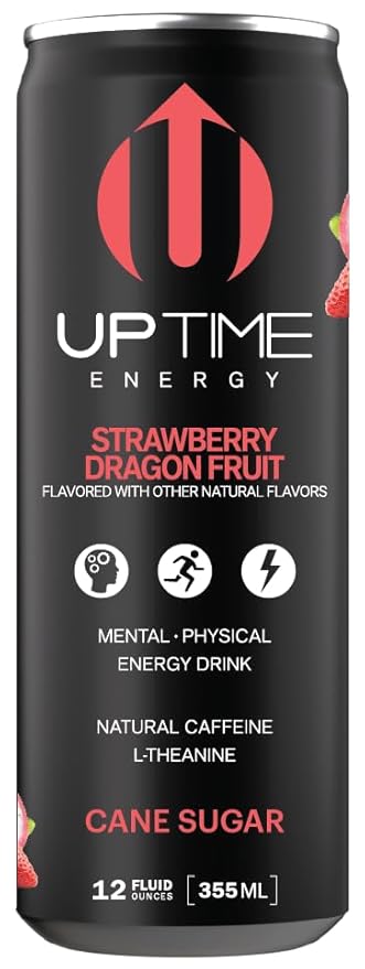 UPTIME Energy Drink Strawberry Dragon Fruit Cane Sugar 12 Pack Vitamin C L Theanine Calcium Energy Drinks for Focus Support 142mg of Natural Caffeine per Serving Clean Natural 12 fl oz Cans