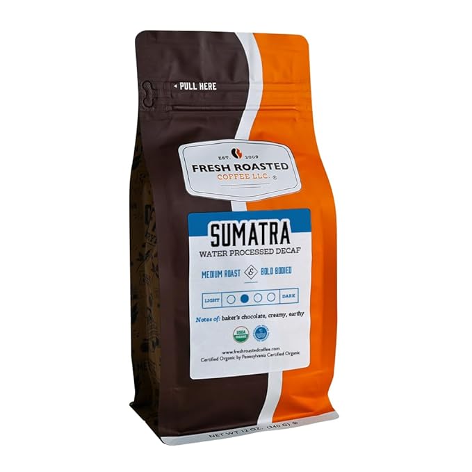 Fresh Roasted Coffee Organic Sumatra Water-Processed Decaf | 100% Single Origin USDA Kosher | Medium Roast 12 oz Whole Bean