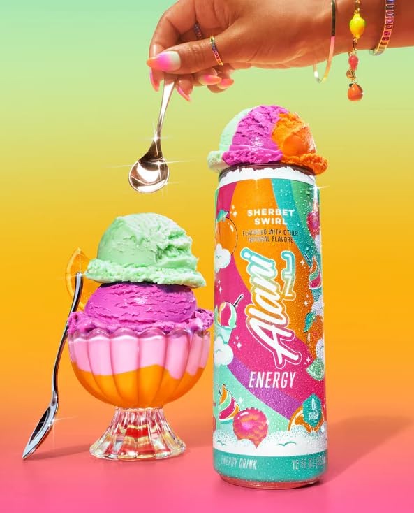 Alani Sherbet Swirl Energy Drinks sugar free low calorie energy drinks 12 Fl Oz Cans (Pack of 6)