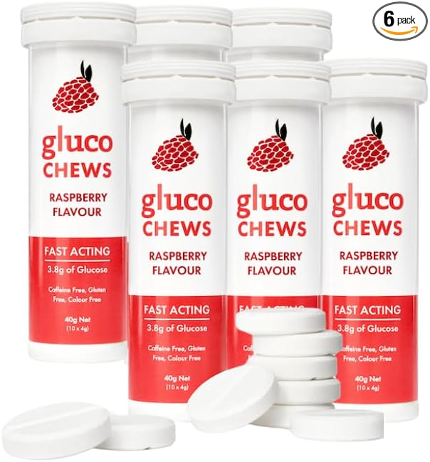 Fast Acting Glucose Tablets Glucochews Raspberry 60 Count (10 tablets per Tube 6 Pocket-Sized Tubes) Boosts Energy Supports Blood Sugar Gluten-Free Caffeine-Free Colouring-Free