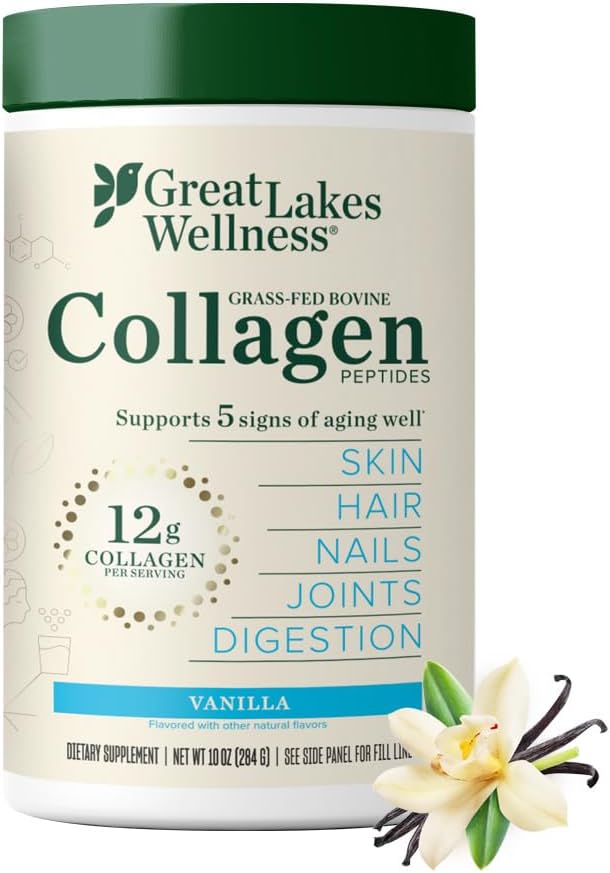 Great Lakes Wellness Collagen Peptides Powder for Skin Hair Nails Joints &amp Digestion - Vanilla Flavored - Quick Dissolve Hydrolyzed Non-GMO Kosher - 10 oz